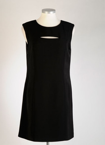 Sleeveless Dress - style: shift; neckline: round neck; pattern: plain; sleeve: sleeveless; bust detail: added detail/embellishment at bust; predominant colour: black; occasions: evening wear, work wear; length: just above the knee; fit: body skimming; material: polyester mix; material texture: silky