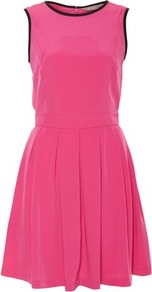 Pink Contrast Edge Dress - length: mid thigh; neckline: round neck; pattern: plain, lightly patterned, two-tone; sleeve: sleeveless; style: full skirt; waist detail: fitted waist, wide waistband/cummerbund, narrow waistband; shoulder detail: contrast pattern/fabric at shoulder; predominant colour: hot pink; occasions: casual wear, evening wear, work wear; fit: fitted at waist & bust; material: 100% polyester; material texture: sateen; hip detail: structured pleats at hip; trends: brights