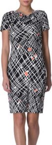 New Julian Two Dress - style: shift; neckline: cowl/draped neck; pattern: heavily patterned, print, patterned/print; waist detail: fitted waist; predominant colour: black; occasions: evening, work; length: just above the knee; fit: body skimming; fibres: silk - 100%; sleeve length: short sleeve; sleeve style: standard; trends: monochrome, a/w prints; pattern type: fabric; pattern size: big & busy; texture group: jersey - stretchy/drapey