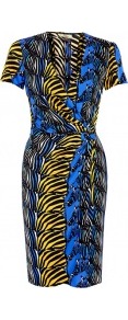 Zebra Print Short Sleeve Viscose Jersey Wrap Dress - style: faux wrap/wrap; neckline: low v-neck; fit: tailored/fitted; pattern: print, patterned/print; waist detail: fitted waist, twist front waist detail/nipped in at waist on one side/soft pleats/draping/ruching/gathering waist detail; predominant colour: royal blue; occasions: casual, evening, occasion; length: just above the knee; fibres: polyester/polyamide - 100%; sleeve length: short sleeve; sleeve style: standard; trends: a/w prints; pattern type: fabric; pattern size: standard; texture group: jersey - stretchy/drapey