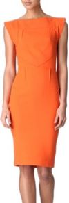 Watson Dress - style: shift; neckline: slash/boat neckline; sleeve style: capped; fit: tailored/fitted; pattern: plain; waist detail: fitted waist; hip detail: fitted at hip; predominant colour: bright orange; occasions: evening, work, occasion; length: on the knee; fibres: wool - 100%; sleeve length: sleeveless; trends: deep tones, waist-cinchers, pure tailoring; pattern type: fabric; pattern size: standard; texture group: jersey - stretchy/drapey
