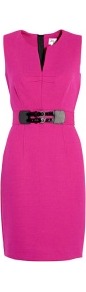 Liv Wool Dress - style: shift; neckline: v-neck; fit: tailored/fitted; pattern: plain; sleeve style: sleeveless; waist detail: fitted waist, embellishment at waist/feature waistband, belted waist/tie at waist/drawstring; predominant colour: hot pink; occasions: evening, work, occasion; length: just above the knee; fibres: wool - mix; sleeve length: sleeveless; trends: waist-cinchers, pure tailoring; pattern type: fabric; pattern size: standard; texture group: jersey - stretchy/drapey