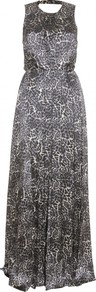 Bineu Animal Print Silk Dress - fit: fitted at waist; sleeve style: sleeveless; style: maxi dress; waist detail: fitted waist; back detail: low cut/open back; predominant colour: charcoal; secondary colour: black; occasions: evening, occasion, holiday; length: floor length; fibres: silk - 100%; neckline: crew; sleeve length: sleeveless; texture group: silky - light; pattern type: fabric; pattern size: standard; pattern: patterned/print