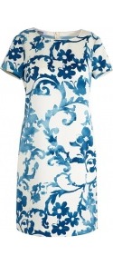 Pottery Print Crepe T Shirt Dress - style: shift; length: mid thigh; neckline: round neck; back detail: contrast pattern/fabric at back; predominant colour: white; secondary colour: royal blue; occasions: casual, evening; fit: straight cut; fibres: polyester/polyamide - 100%; sleeve length: short sleeve; sleeve style: standard; texture group: crepes; trends: high impact florals, glamorous day shifts; pattern type: fabric; pattern size: big & busy; pattern: florals