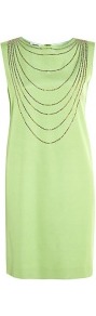 Crystal Applique Tunic Dress - style: shift; neckline: slash/boat neckline; pattern: plain; sleeve style: sleeveless; bust detail: added detail/embellishment at bust; waist detail: fitted waist; hip detail: fitted at hip; predominant colour: lime; secondary colour: silver; occasions: casual, evening, occasion; length: just above the knee; fit: straight cut; fibres: viscose/rayon - stretch; shoulder detail: added shoulder detail; sleeve length: sleeveless; trends: glamorous day shifts; pattern type: fabric; texture group: jersey - stretchy/drapey; embellishment: crystals