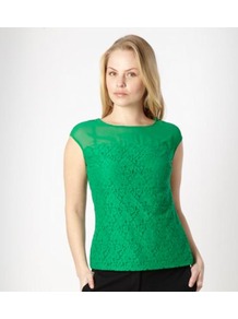 Dark Green Lace Front Shell Top - sleeve style: capped; pattern: plain; back detail: contrast pattern/fabric at back; predominant colour: emerald green; occasions: casual, evening, work; length: standard; style: top; fibres: viscose/rayon - stretch; fit: body skimming; neckline: crew; bust detail: contrast pattern/fabric/detail at bust; sleeve length: sleeveless; texture group: sheer fabrics/chiffon/organza etc.; pattern type: fabric; embellishment: lace