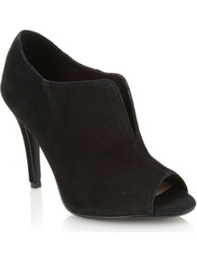 Black Suede High Heel Peep Toe Shoe Boots - predominant colour: black; occasions: evening, work; material: suede; heel height: high; heel: stiletto; toe: open toe/peeptoe; boot length: shoe boot; style: standard; finish: plain; pattern: plain