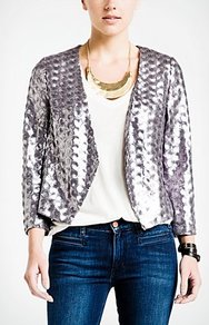 Pewter Shine Blazer - pattern: plain; style: single breasted blazer; collar: shawl/waterfall; predominant colour: silver; occasions: evening, occasion; length: standard; fit: tailored/fitted; fibres: polyester/polyamide - 100%; sleeve length: 3/4 length; sleeve style: standard; texture group: structured shiny - satin/tafetta/silk etc.; trends: metallics; collar break: low/open; pattern type: fabric
