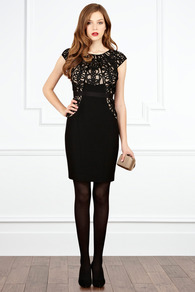 Alicia Dress - style: shift; neckline: round neck; sleeve style: capped; fit: tailored/fitted; pattern: plain; bust detail: added detail/embellishment at bust; waist detail: fitted waist; predominant colour: black; occasions: evening, occasion; length: just above the knee; fibres: polyester/polyamide - stretch; back detail: keyhole/peephole detail at back; sleeve length: short sleeve; pattern type: fabric; texture group: other - light to midweight; embellishment: embroidered