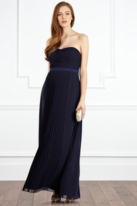 Portobello Maxi Dress - fit: empire; pattern: plain; style: maxi dress; sleeve style: strapless; waist detail: embellishment at waist/feature waistband; neckline: sweetheart; bust detail: ruching/gathering/draping/layers/pintuck pleats at bust; predominant colour: navy; occasions: evening, occasion; length: floor length; fibres: polyester/polyamide - 100%; hip detail: structured pleats at hip; sleeve length: sleeveless; texture group: silky - light; pattern type: fabric