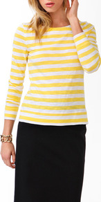 Essential Striped Slub Knit Top - pattern: horizontal stripes; style: t-shirt; secondary colour: white; predominant colour: yellow; occasions: casual, holiday; length: standard; fibres: cotton - 100%; fit: straight cut; neckline: crew; sleeve length: 3/4 length; sleeve style: standard; trends: striking stripes; pattern type: fabric; pattern size: standard; texture group: jersey - stretchy/drapey