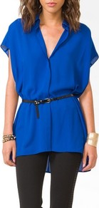 Belted Chiffon Shirt - neckline: shirt collar/peter pan/zip with opening; sleeve style: dolman/batwing; pattern: plain; length: below the bottom; style: shirt; waist detail: belted waist/tie at waist/drawstring; predominant colour: royal blue; occasions: casual, work; fibres: polyester/polyamide - 100%; fit: loose; sleeve length: short sleeve