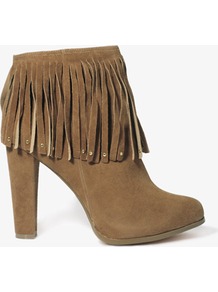 Studded Fringe Booties - predominant colour: camel; occasions: casual, evening; material: faux leather; heel height: high; heel: block; toe: round toe; boot length: ankle boot; style: standard; finish: plain; pattern: plain; embellishment: fringing