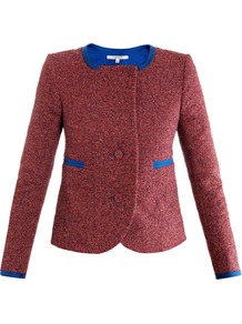 Tweed Jacket - pattern: plain; style: single breasted blazer; collar: round collar/collarless; secondary colour: royal blue; occasions: evening, work; length: standard; fit: straight cut (boxy); fibres: cotton - stretch; sleeve length: long sleeve; sleeve style: standard; collar break: high; pattern type: fabric; texture group: tweed - light/midweight; predominant colour: dusky pink