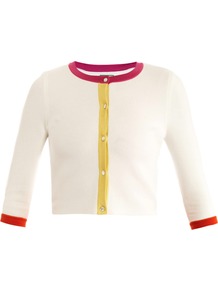 Colour Block Cropped Cardigan - neckline: round neck; length: cropped; predominant colour: white; occasions: casual, work, occasion; style: standard; fibres: viscose/rayon - stretch; fit: slim fit; sleeve length: 3/4 length; sleeve style: standard; texture group: knits/crochet; pattern type: knitted - fine stitch; pattern size: light/subtle; pattern: colourblock