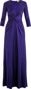 Gathered Front Full Length Dress - neckline: low v-neck; fit: fitted at waist; pattern: plain; style: maxi dress; waist detail: twist front waist detail/nipped in at waist on one side/soft pleats/draping/ruching/gathering waist detail; bust detail: ruching/gathering/draping/layers/pintuck pleats at bust; predominant colour: royal blue; occasions: evening, occasion; length: floor length; fibres: silk - 100%; hip detail: soft pleats at hip/draping at hip/flared at hip; sleeve length: 3/4 length; sleeve style: standard; texture group: silky - light; pattern type: fabric