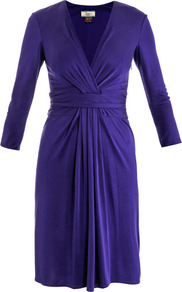 Gathered Waist Dress - style: faux wrap/wrap; neckline: low v-neck; pattern: plain; waist detail: twist front waist detail/nipped in at waist on one side/soft pleats/draping/ruching/gathering waist detail; predominant colour: royal blue; occasions: evening, occasion; length: just above the knee; fit: body skimming; fibres: silk - 100%; sleeve length: 3/4 length; sleeve style: standard; texture group: silky - light; pattern type: fabric