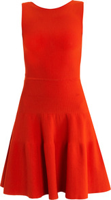 Low V Back Dress - length: mid thigh; pattern: plain; sleeve style: sleeveless; predominant colour: true red; occasions: evening, work, occasion; fit: fitted at waist & bust; style: fit & flare; fibres: viscose/rayon - stretch; neckline: crew; hip detail: soft pleats at hip/draping at hip/flared at hip; sleeve length: sleeveless; trends: glamorous day shifts; pattern type: fabric; texture group: jersey - stretchy/drapey