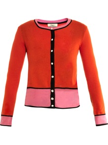 Cashmere Colour Block Cardigan - neckline: round neck; secondary colour: pink; predominant colour: bright orange; occasions: casual, work; length: standard; style: standard; fit: slim fit; sleeve length: long sleeve; sleeve style: standard; texture group: knits/crochet; pattern type: knitted - fine stitch; pattern size: standard; pattern: colourblock; fibres: cashmere - mix