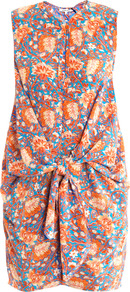 Floral Tie Front Dress - style: shift; length: mid thigh; sleeve style: sleeveless; waist detail: belted waist/tie at waist/drawstring; secondary colour: diva blue; predominant colour: bright orange; occasions: casual; fit: straight cut; fibres: polyester/polyamide - 100%; neckline: crew; hip detail: ruching/gathering at hip; sleeve length: sleeveless; texture group: silky - light; pattern type: fabric; pattern size: big & busy; pattern: florals