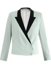 Pamela Blazer - pattern: plain; style: boxy; collar: standard lapel/rever collar; predominant colour: pistachio; secondary colour: black; occasions: casual, evening, work, occasion; length: standard; fit: straight cut (boxy); fibres: polyester/polyamide - stretch; sleeve length: long sleeve; sleeve style: standard; trends: tuxedo; collar break: medium; pattern type: fabric; pattern size: standard; texture group: other - light to midweight