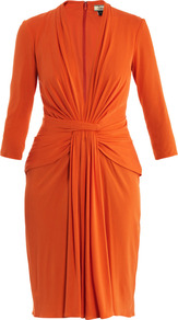 Low V Neck Gathering Detail Dress - style: shift; length: mid thigh; neckline: low v-neck; pattern: plain; waist detail: fitted waist; predominant colour: bright orange; occasions: casual, evening, work, occasion; fit: body skimming; fibres: silk - 100%; hip detail: soft pleats at hip/draping at hip/flared at hip; sleeve length: 3/4 length; sleeve style: standard; texture group: jersey - stretchy/drapey