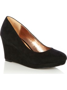 Wedge Shoe, Black - predominant colour: black; occasions: casual, evening, work, occasion; material: faux leather; heel height: high; heel: wedge; toe: round toe; style: courts; finish: plain; pattern: plain