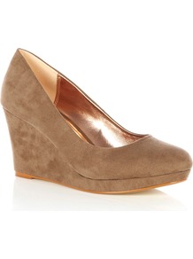 Wedge Shoe, Camel - predominant colour: taupe; occasions: casual, evening, work; material: faux leather; heel height: high; heel: wedge; toe: round toe; style: courts; finish: plain; pattern: plain