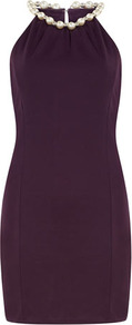 Purple Pearl Neck Dress - style: shift; length: mid thigh; fit: tailored/fitted; pattern: plain; sleeve style: sleeveless; neckline: halter neck; predominant colour: aubergine; occasions: evening, occasion; fibres: polyester/polyamide - stretch; sleeve length: sleeveless; texture group: crepes; pattern type: fabric; embellishment: pearls