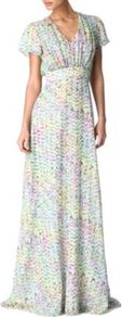 Rosie Gown - neckline: v-neck; fit: empire; style: maxi dress; waist detail: wide waistband/cummerbund; hip detail: fitted at hip; bust detail: ruching/gathering/draping/layers/pintuck pleats at bust; secondary colour: white; occasions: evening, occasion; length: floor length; fibres: silk - 100%; shoulder detail: flat/draping pleats/ruching/gathering at shoulder; predominant colour: multicoloured; sleeve length: short sleeve; sleeve style: standard; texture group: silky - light; pattern type: fabric; pattern size: light/subtle; pattern: patterned/print