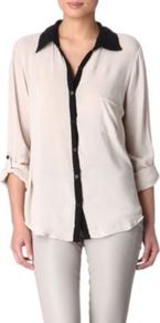 Colourblock Blouse - neckline: shirt collar/peter pan/zip with opening; pattern: plain; style: shirt; predominant colour: ivory; occasions: casual, evening; length: standard; fibres: viscose/rayon - 100%; fit: loose; sleeve length: 3/4 length; sleeve style: standard; texture group: sheer fabrics/chiffon/organza etc.; pattern type: fabric
