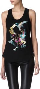 Embroidered Vest - sleeve style: sleeveless; style: vest top; back detail: racer back/sports back; predominant colour: black; occasions: casual, evening, holiday; length: standard; neckline: scoop; fibres: cotton - 100%; fit: straight cut; sleeve length: sleeveless; texture group: cotton feel fabrics; pattern type: fabric; pattern size: big & busy; pattern: patterned/print; secondary colour: dusky pink; embellishment: embroidered