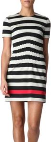 Yazmine Striped Dress - style: t-shirt; length: mini; pattern: horizontal stripes; waist detail: structured pleats at waist; secondary colour: true red; occasions: evening, holiday; fit: body skimming; fibres: viscose/rayon - stretch; neckline: crew; sleeve length: short sleeve; sleeve style: standard; predominant colour: monochrome; pattern type: fabric; pattern size: standard; texture group: jersey - stretchy/drapey