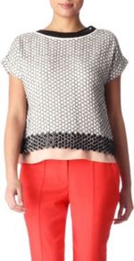 Raechel Top - neckline: slash/boat neckline; secondary colour: nude; occasions: casual, evening, work; length: standard; style: top; fibres: silk - 100%; fit: straight cut; back detail: embellishment at back; sleeve length: short sleeve; sleeve style: standard; texture group: silky - light; predominant colour: monochrome; pattern type: fabric; pattern size: standard; pattern: patterned/print; embellishment: sequins
