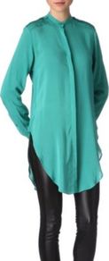 Silk Tunic Shirt - pattern: plain; length: below the bottom; style: shirt; predominant colour: emerald green; occasions: evening; neckline: collarstand; fibres: silk - 100%; fit: loose; sleeve length: long sleeve; sleeve style: standard; texture group: sheer fabrics/chiffon/organza etc.; pattern type: fabric