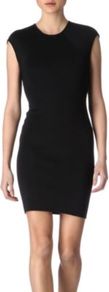 Bodycon Dress - style: shift; length: mid thigh; sleeve style: capped; pattern: plain; predominant colour: black; occasions: casual, evening, work, occasion; fit: body skimming; fibres: viscose/rayon - stretch; neckline: crew; sleeve length: sleeveless; trends: glamorous day shifts; pattern type: fabric; texture group: jersey - stretchy/drapey