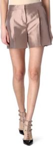 Silk Twill Shorts - pattern: plain; style: shorts; pocket detail: small back pockets, pockets at the sides; waist: high rise; length: short shorts; predominant colour: stone; occasions: evening, work; fibres: silk - 100%; hip detail: front pleats at hip level; texture group: structured shiny - satin/tafetta/silk etc.; trends: metallics; fit: straight leg; pattern type: fabric
