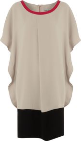 Colour Block Dress, Multi Coloured - style: shift; neckline: round neck; sleeve style: dolman/batwing; waist detail: twist front waist detail/nipped in at waist on one side/soft pleats/draping/ruching/gathering waist detail; shoulder detail: contrast pattern/fabric at shoulder; bust detail: ruching/gathering/draping/layers/pintuck pleats at bust; predominant colour: stone; secondary colour: black; occasions: casual, evening, work, occasion; length: just above the knee; fit: straight cut; fibres: polyester/polyamide - 100%; hip detail: soft pleats at hip/draping at hip/flared at hip; back detail: embellishment at back; sleeve length: short sleeve; texture group: sheer fabrics/chiffon/organza etc.; pattern type: fabric; pattern size: light/subtle; pattern: colourblock