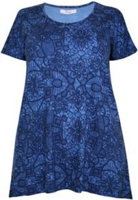Blue Printed Tee - neckline: round neck; sleeve style: capped; style: t-shirt; predominant colour: royal blue; occasions: casual, work; length: standard; fibres: polyester/polyamide - 100%; fit: loose; sleeve length: short sleeve; trends: statement prints; pattern type: fabric; pattern size: small & busy; pattern: patterned/print; texture group: jersey - stretchy/drapey
