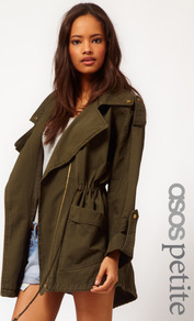 Petite Exclusive Parka - pattern: plain; length: standard; shoulder detail: obvious epaulette; bust detail: added detail/embellishment at bust; collar: wide lapels; fit: loose; style: parka; hip detail: front pockets at hip; predominant colour: khaki; occasions: casual, work; fibres: cotton - 100%; waist detail: belted waist/tie at waist/drawstring; sleeve length: long sleeve; sleeve style: standard; texture group: cotton feel fabrics; trends: volume; collar break: medium; pattern type: fabric