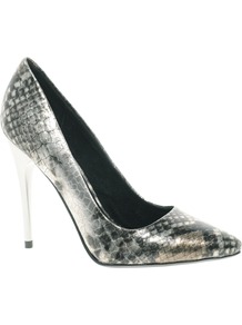 Heyam Metallic Snake Print Pointed Court Shoes - predominant colour: silver; occasions: evening, occasion; material: faux leather; heel height: high; heel: stiletto; toe: pointed toe; style: courts; trends: metallics; finish: metallic; pattern: animal print