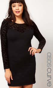 Curve Dress With Flocked Mesh - length: mid thigh; neckline: round neck; fit: tight; pattern: plain; style: bodycon; waist detail: fitted waist; hip detail: fitted at hip; shoulder detail: contrast pattern/fabric at shoulder; predominant colour: black; occasions: evening, occasion; fibres: nylon - mix; bust detail: contrast pattern/fabric/detail at bust; sleeve length: long sleeve; sleeve style: standard; texture group: jersey - clingy; pattern type: fabric; pattern size: small & busy