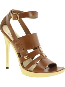 Sage Leather Shoe - predominant colour: tan; secondary colour: gold; occasions: evening, occasion, holiday; material: leather; heel height: high; embellishment: studs; ankle detail: ankle strap; heel: stiletto; toe: open toe/peeptoe; style: strappy; finish: plain; pattern: plain