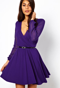 Skater Dress With Chiffon Sleeves And Belt - style: faux wrap/wrap; length: mid thigh; neckline: low v-neck; pattern: plain; shoulder detail: contrast pattern/fabric at shoulder; waist detail: belted waist/tie at waist/drawstring; bust detail: ruching/gathering/draping/layers/pintuck pleats at bust; predominant colour: purple; occasions: evening, occasion; fit: fitted at waist & bust; fibres: polyester/polyamide - stretch; hip detail: soft pleats at hip/draping at hip/flared at hip; sleeve length: long sleeve; sleeve style: standard; pattern type: fabric; texture group: jersey - stretchy/drapey
