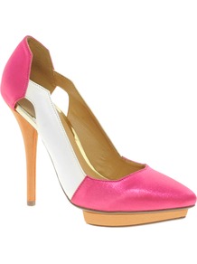 Proud Pointed Platforms With Colour Block - secondary colour: white; predominant colour: hot pink; occasions: evening, occasion, holiday; material: faux leather; heel: platform; toe: pointed toe; style: courts; finish: plain; pattern: colourblock; heel height: very high