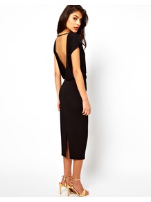Midi Dress With Deep V Back - style: shift; length: calf length; neckline: slash/boat neckline; sleeve style: dolman/batwing; pattern: plain; back detail: low cut/open back; hip detail: fitted at hip; predominant colour: black; occasions: evening, occasion; fit: body skimming; fibres: viscose/rayon - stretch; sleeve length: short sleeve; pattern type: fabric; texture group: jersey - stretchy/drapey