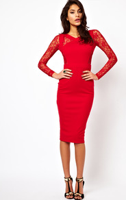 Bodycon Dress With Lace Inserts - length: below the knee; neckline: v-neck; fit: tight; pattern: plain; style: bodycon; back detail: low cut/open back; shoulder detail: contrast pattern/fabric at shoulder; predominant colour: true red; occasions: evening, occasion; fibres: polyester/polyamide - stretch; sleeve length: long sleeve; sleeve style: standard; texture group: jersey - clingy; pattern type: fabric; embellishment: lace