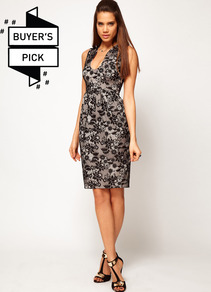 Lace Pencil Dress With V Neck - style: shift; neckline: plunge; fit: tailored/fitted; sleeve style: sleeveless; secondary colour: mid grey; predominant colour: black; occasions: evening, occasion; length: on the knee; fibres: polyester/polyamide - 100%; sleeve length: sleeveless; pattern type: fabric; pattern size: standard; pattern: patterned/print; texture group: other - light to midweight; embellishment: lace