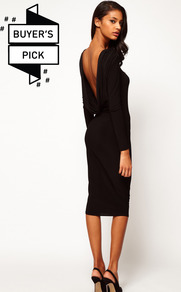 Midi Bodycon Dress With Drape V Back - length: below the knee; neckline: slash/boat neckline; fit: tight; pattern: plain; style: bodycon; back detail: cowl/draping/scoop at back; predominant colour: black; occasions: evening, occasion; fibres: polyester/polyamide - stretch; sleeve length: long sleeve; sleeve style: standard; texture group: jersey - clingy; pattern type: fabric
