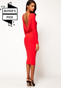 Midi Bodycon Dress With Drape V Back - length: below the knee; neckline: slash/boat neckline; fit: tight; pattern: plain; style: bodycon; back detail: cowl/draping/scoop at back; predominant colour: true red; occasions: evening, occasion; fibres: polyester/polyamide - stretch; sleeve length: long sleeve; sleeve style: standard; texture group: jersey - clingy; pattern type: fabric